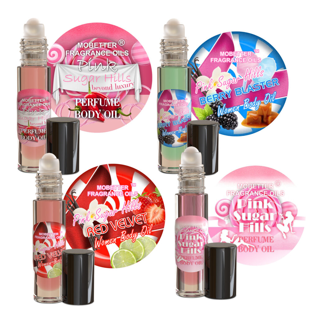 MOBETTER FRAGRANCE OILS Pink Sugar Hills Perfume Oil 4 Piece Set Women perfume Body Oil, Long Lasting, Sweet, Travel Size