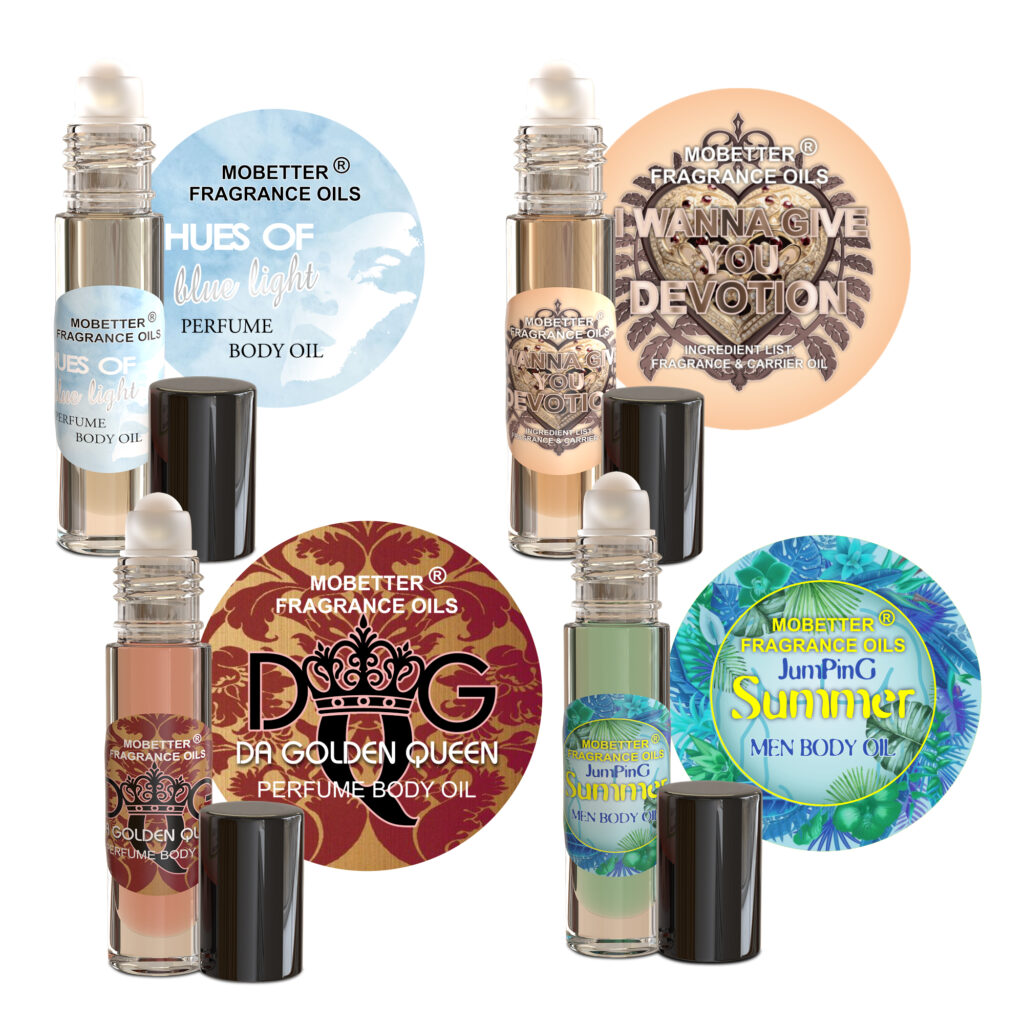 MOBETTER FRAGRANCE OILS Unisex Perfume Body Oil Bundle - Set of 4 Roll-On | Hues of Blue Light, I Wanna Give You Devotion, Da Golden Queen, Jumping Summer | Long Lasting, Travel Friendly, Alcohol-Free
